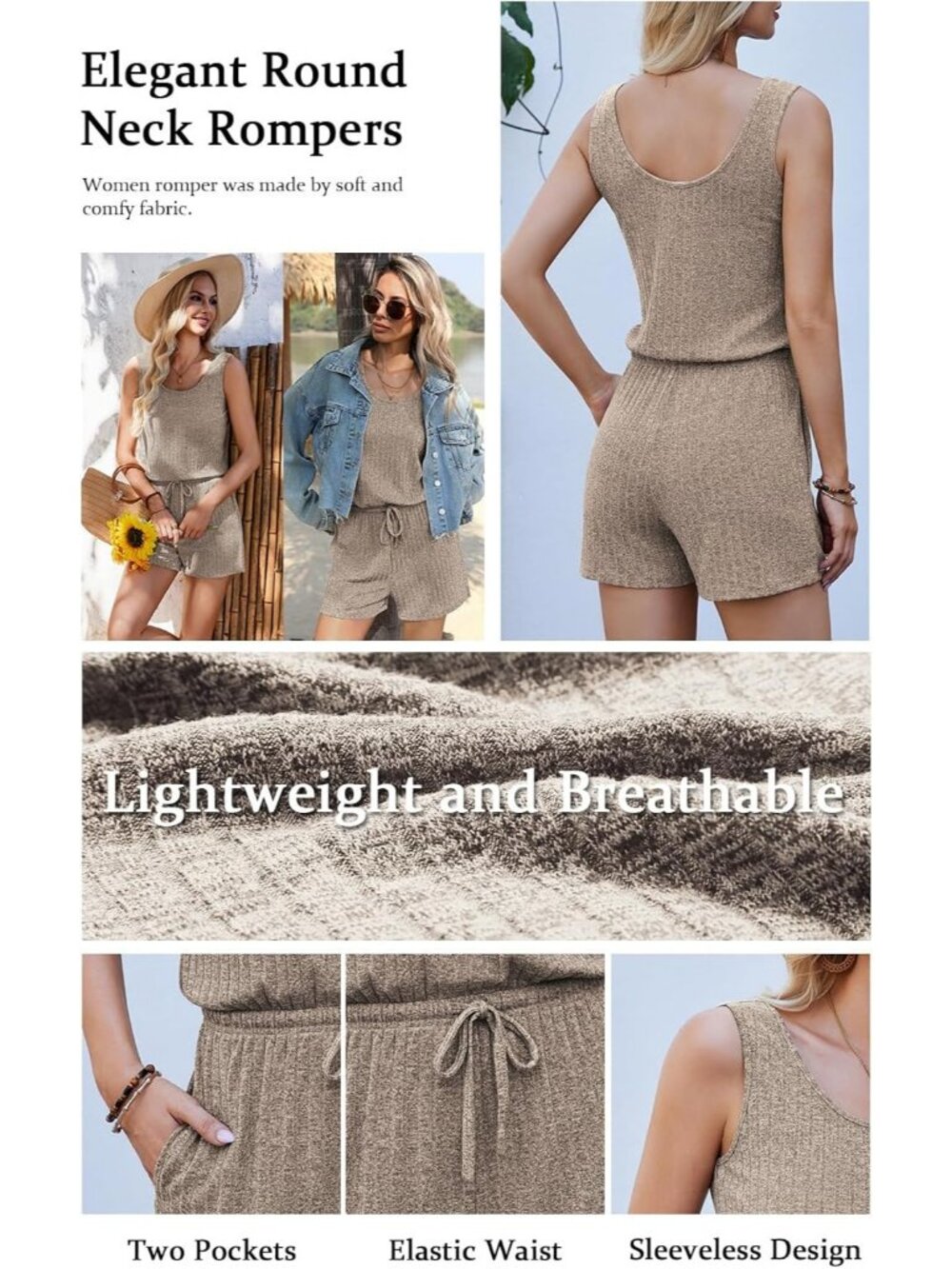 Women's Khaki Casual Sleeveless Scoop Neck Tank Top Ribbed Short Romper - Picture 5 of 6